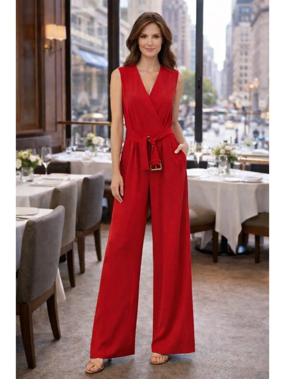 VTG Jaclyn Smith Sleeveless Wide-Leg Red Jumpsuit V-Neck Lightweight Size 14
